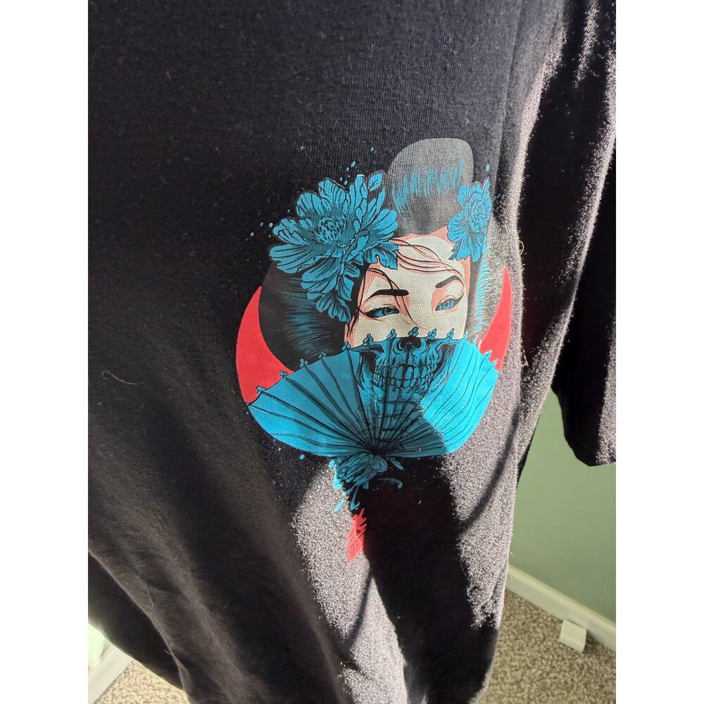 RGSTR 2XL Black Oversized Graphic Tee Geisha Skull Blue Fan Japanese Streetwear